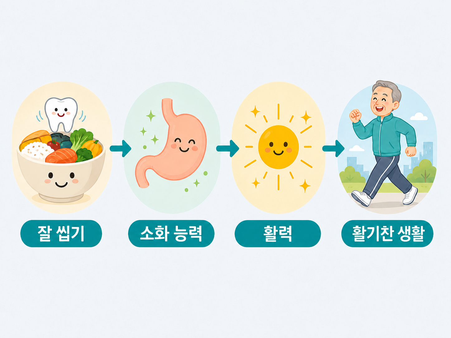 잘 씹는 것이 소화와 기운, 활기찬 생활로 이어지는 연쇄를 보여주는 그림.png